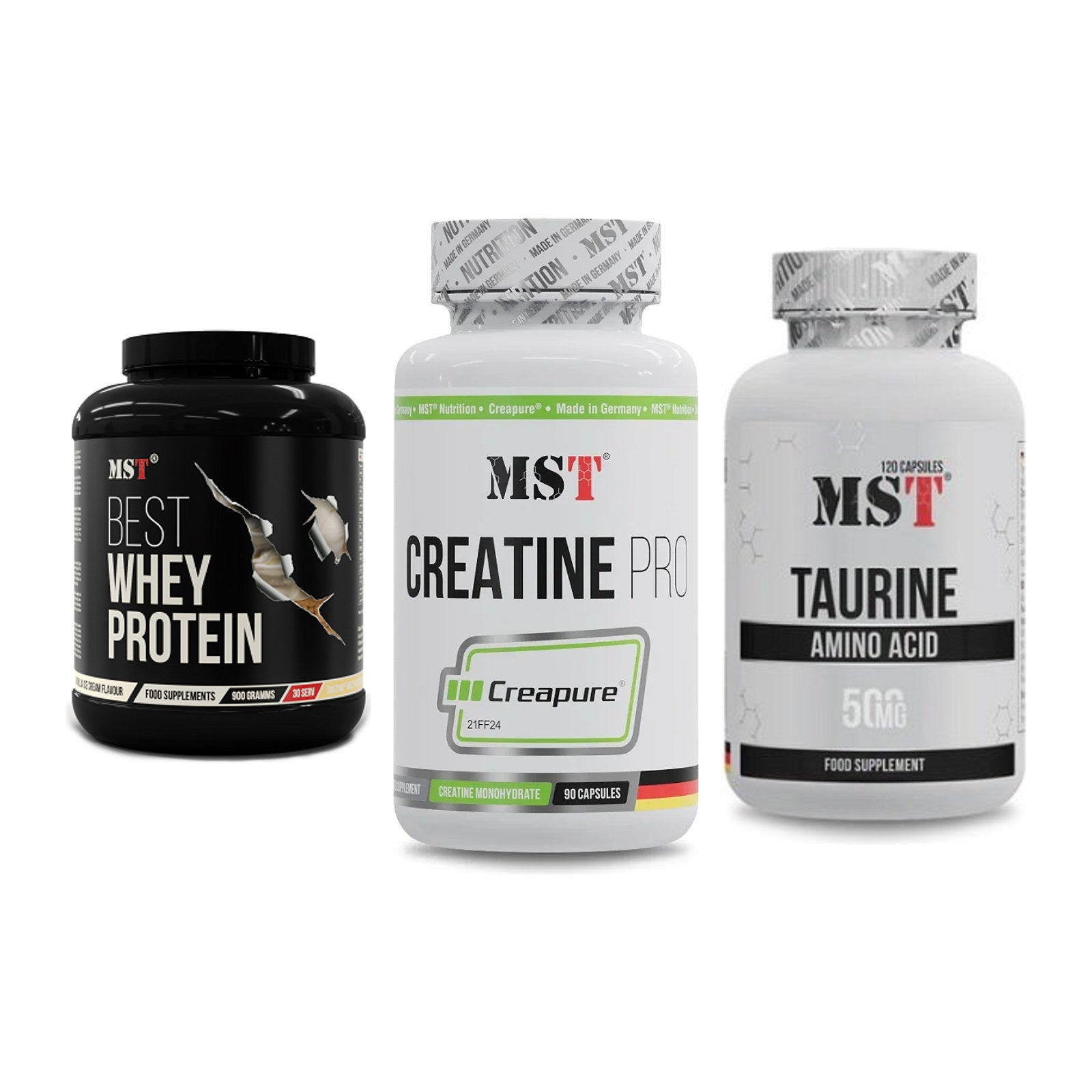 MST Marken-Trio: Best Whey Protein + Creatine Pro CREAPURE + Taurine – alle enthaltenen Artikel