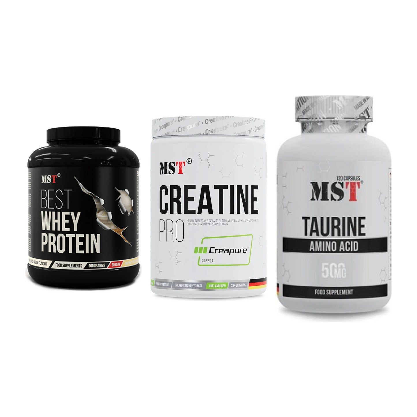 MST Marken-Trio: Best Whey Protein + Creatin Pro CREAPURE + Taurine – alle enthaltenen Artikel