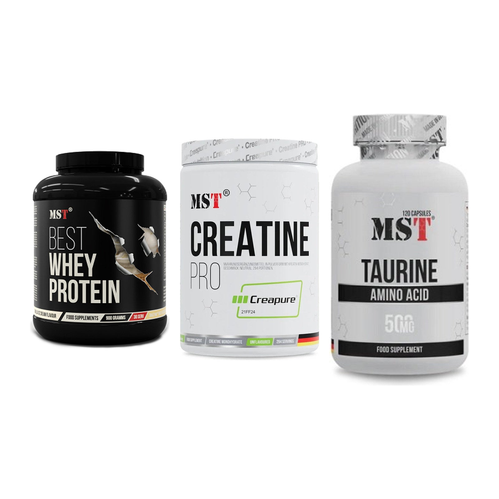 MST Marken-Trio: Best Whey Protein + Creatin Pro CREAPURE + Taurine – alle enthaltenen Artikel