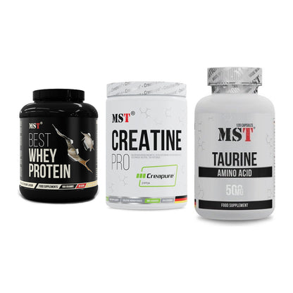 MST Marken-Trio: Best Whey Protein + Creatin Pro CREAPURE + Taurine – alle enthaltenen Artikel