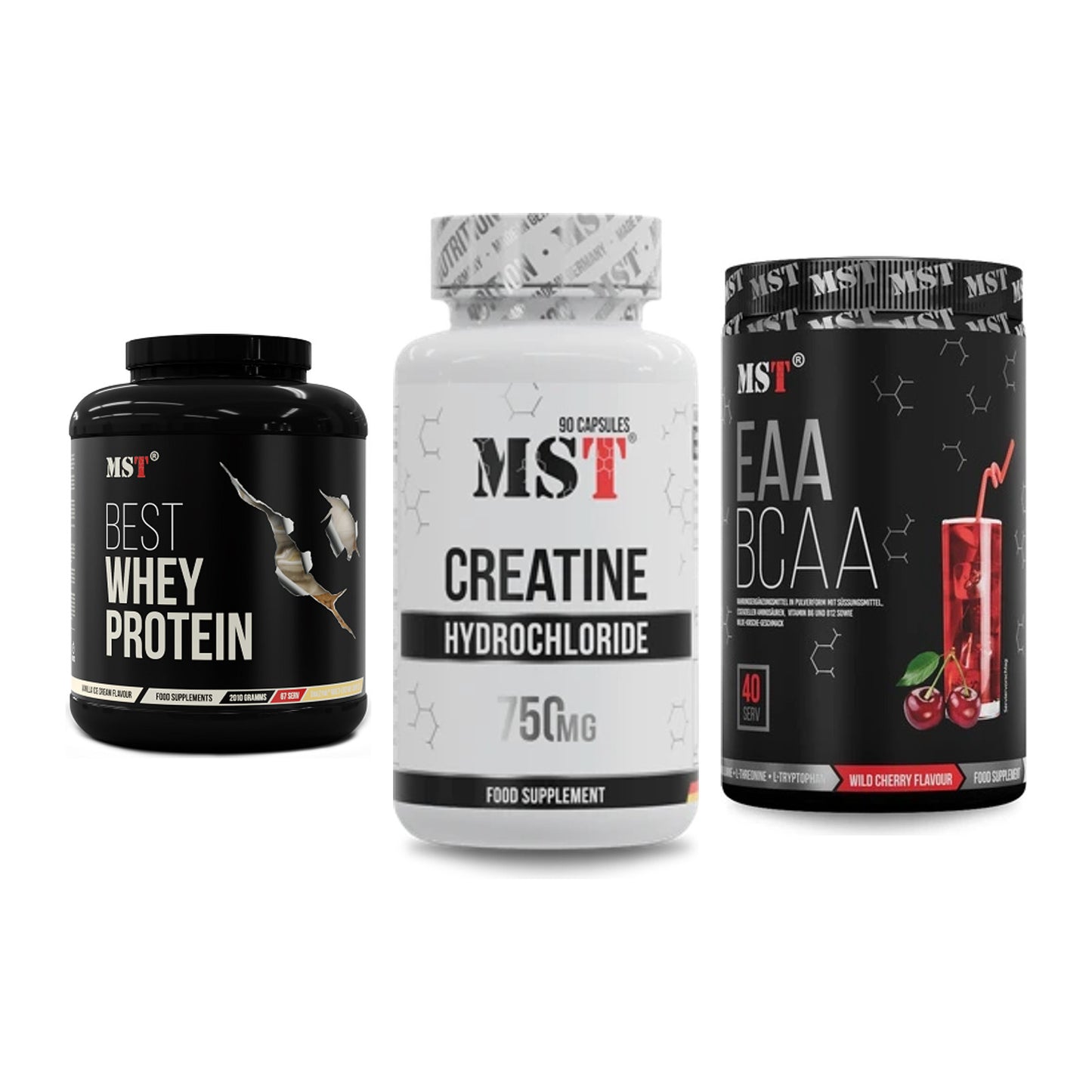 MST Marken-Trio: Best Whey Protein + Creatin HCL + EAA & BCAA – alle enthaltenen Artikel