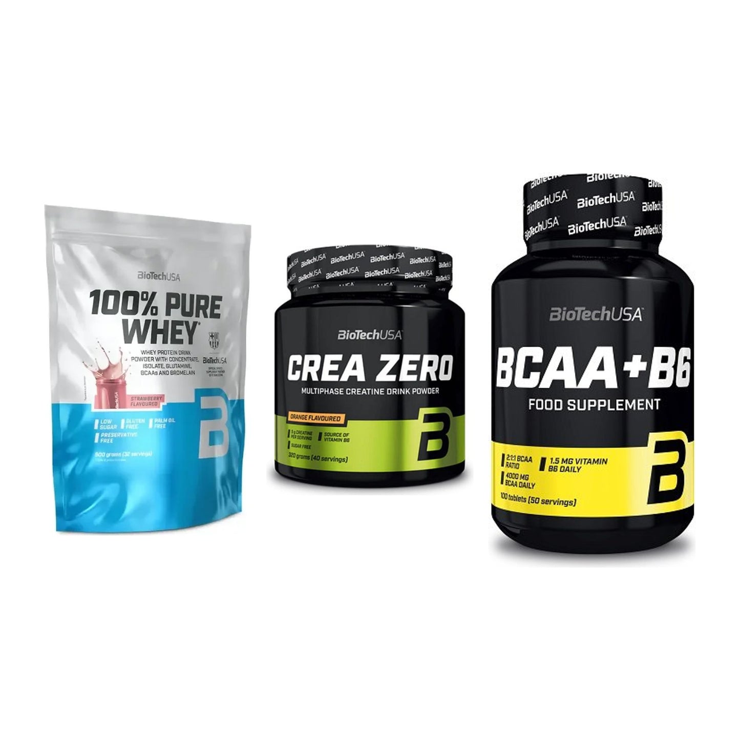 BioTech USA Marken-Trio: 100% Pure Whey + Crea Zero + BCAA+B6 100 Tabl – alle enthaltenen Artikel