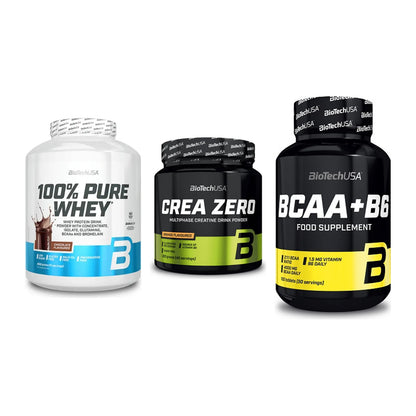 BioTech USA Marken-Trio: 100% Pure Whey + Crea Zero + BCAA+B6 100 Tabl – alle enthaltenen Artikel