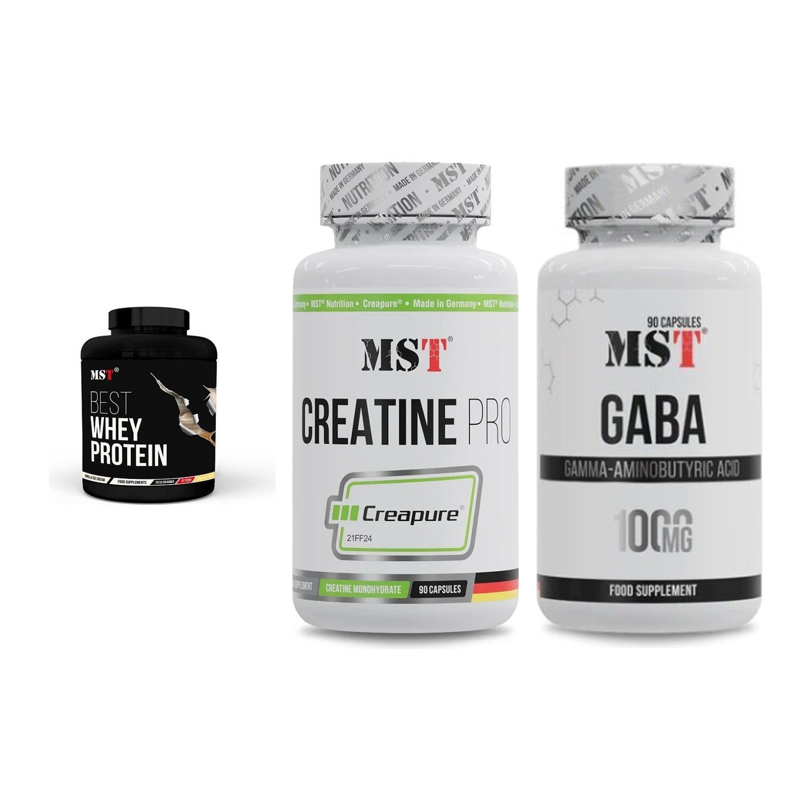MST Marken-Trio: Best Whey + Creatine Pro + GABA 1000mg – alle enthaltenen Artikel