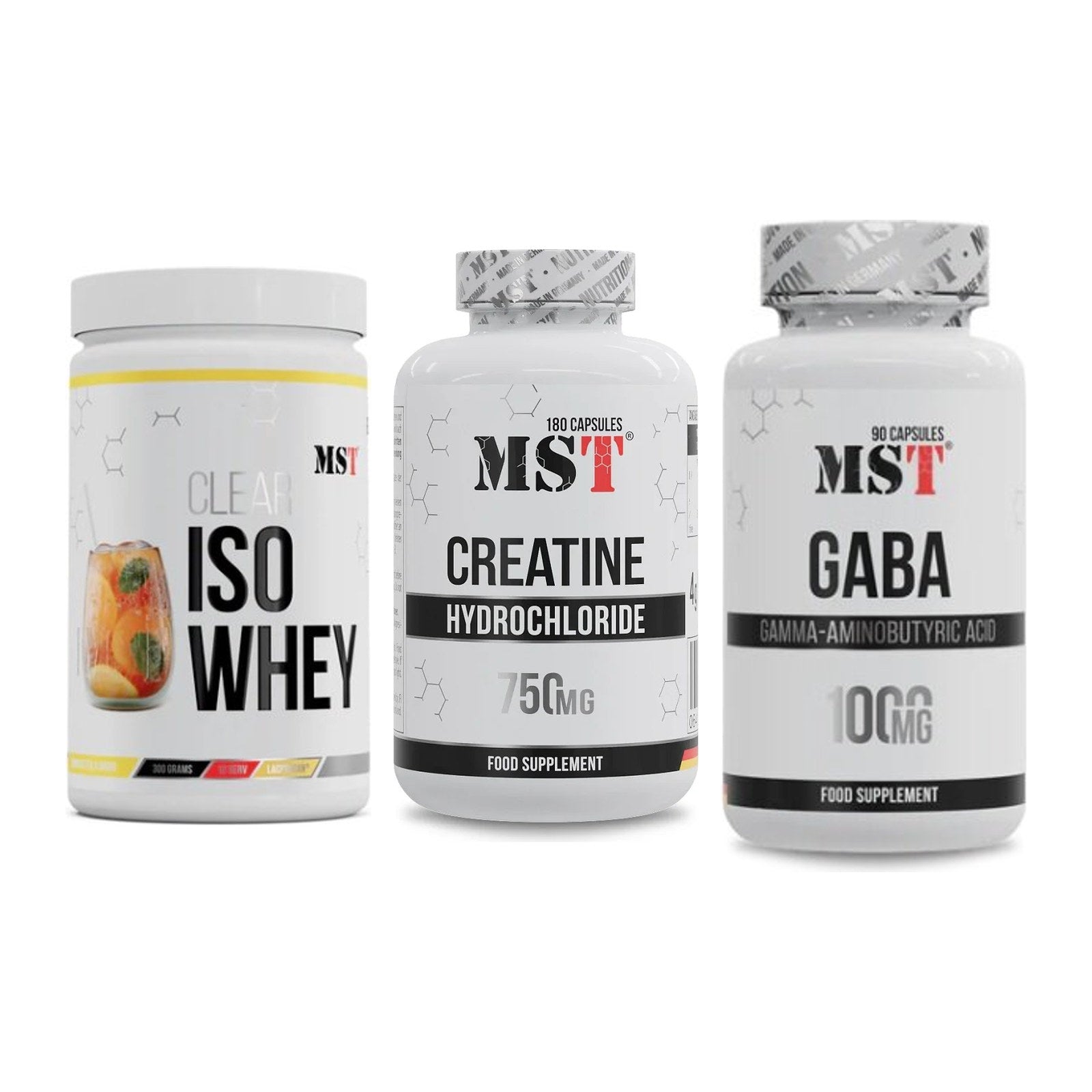 MST Marken-Trio: Iso Clear + Creatine HCL + GABA 1000mg – alle enthaltenen Artikel