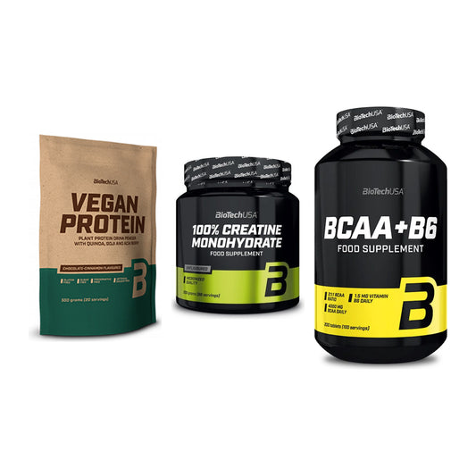 BioTech USA Marken-Trio: Vegan Protein + Creatine + BCAA+B6 200 – alle enthaltenen Artikel