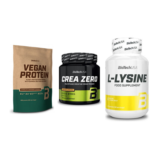 BioTech USA Marken-Trio: Vegan Protein + Crea Zero + L-Lysine – alle enthaltenen Artikel