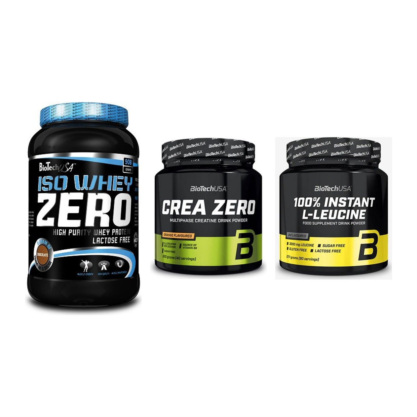 BioTech USA Marken-Trio: Iso Whey Zero + Crea Zero + 100% Instant – alle enthaltenen Artikel