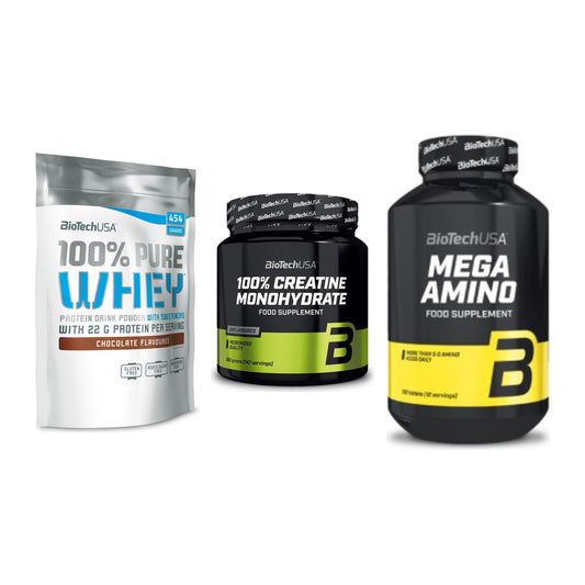 BioTech USA Marken-Trio: 100% Pure + Creatine + Mega Amino – alle enthaltenen Artikel