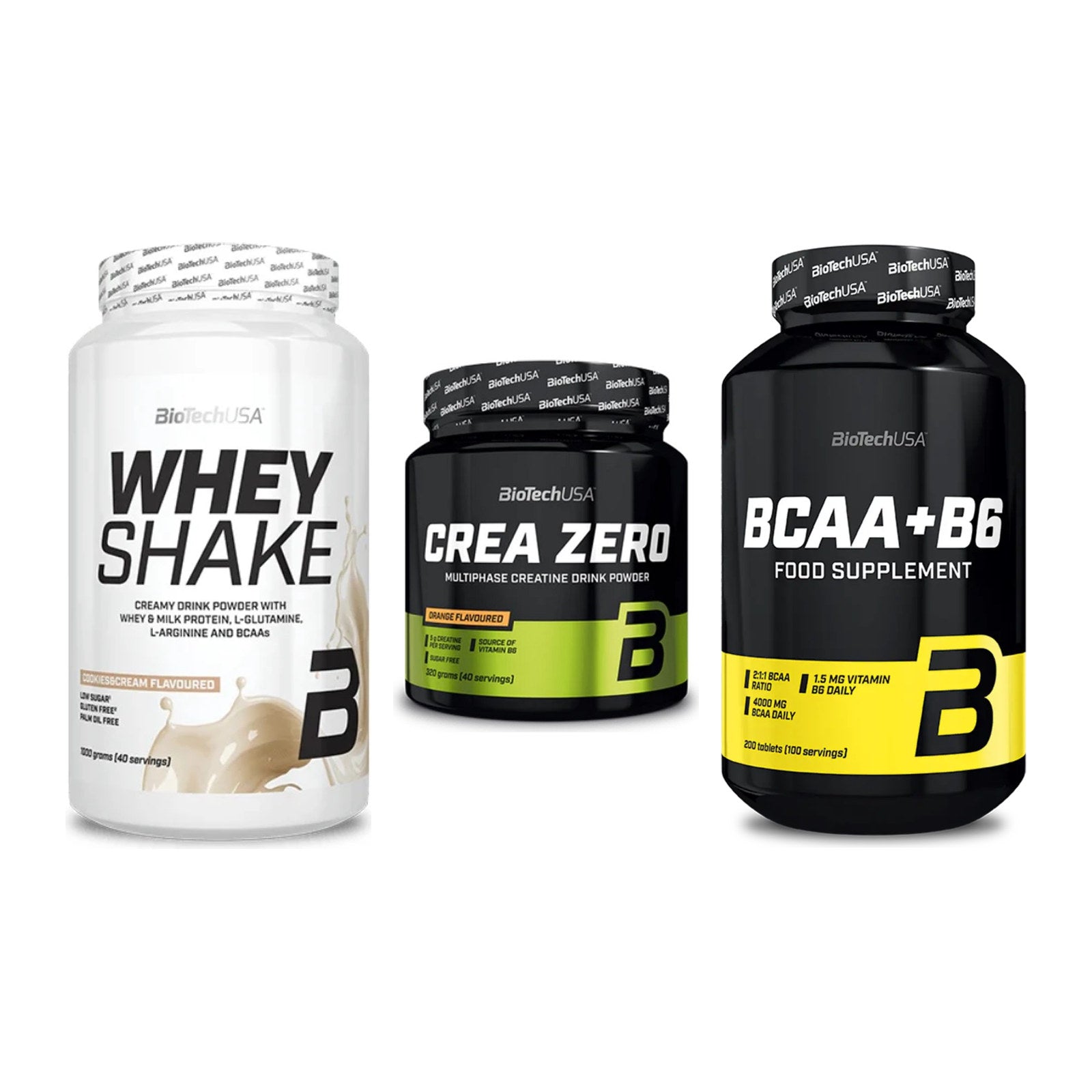 BioTech USA Marken-Trio: Whey Shake + Crea Zero + BCAA+B6 200 Tabl – alle enthaltenen Artikel