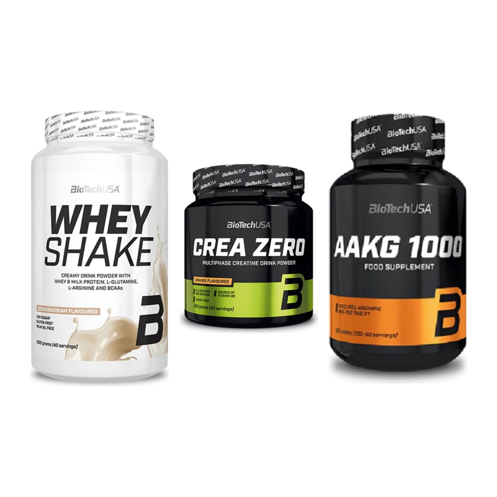 BioTech USA Marken-Trio: Whey Shake + Crea Zero + AAKG 1000mg – alle enthaltenen Artikel