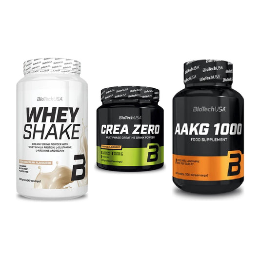 BioTech USA Marken-Trio: Whey Shake + Crea Zero + AAKG 1000mg – alle enthaltenen Artikel