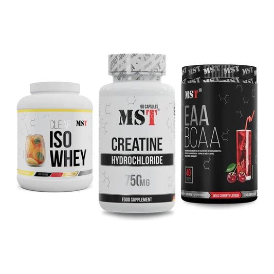MST Marken-Trio: Iso Clear 900g + Creatin HCL + EAA & BCAA 520g – alle enthaltenen Artikel