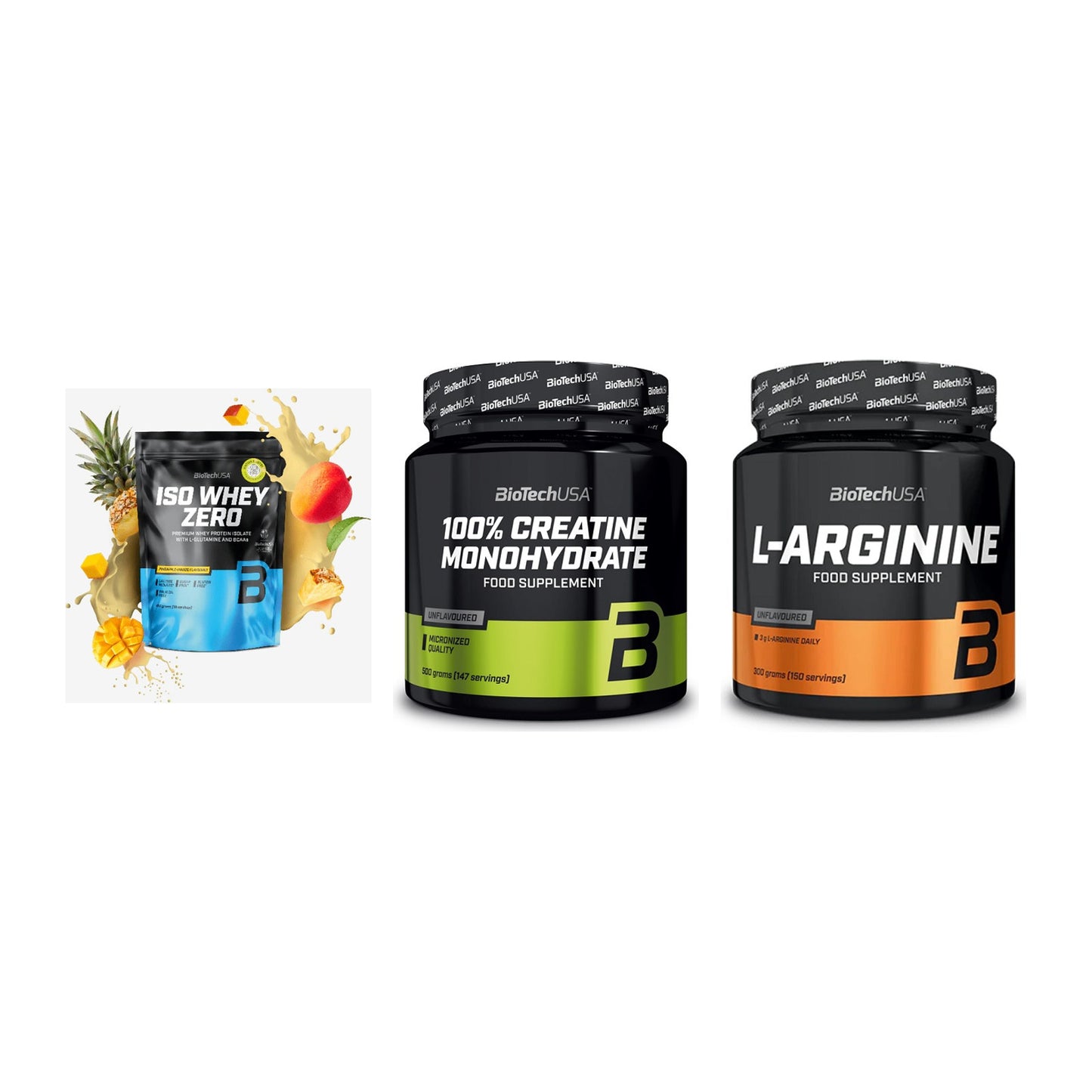 BioTech USA Marken-Trio: Iso Whey Zero + Creatine + L-Arginin – alle enthaltenen Artikel