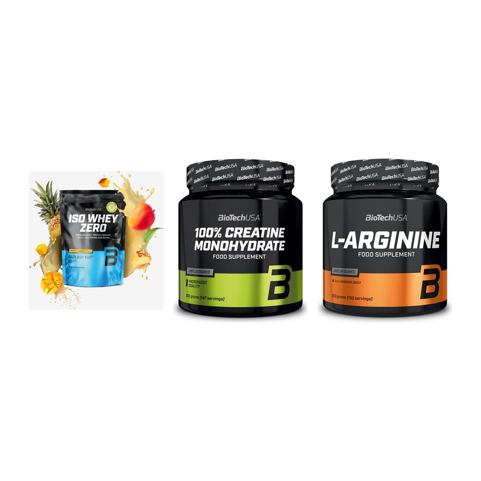 BioTech USA Marken-Trio: Iso Whey Zero + Creatine + L-Arginin – alle enthaltenen Artikel