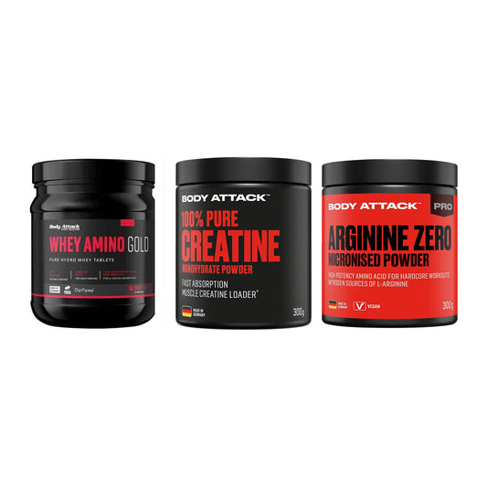 Body Attack Marken-Trio: Attack Whey + Attack 100% + Attack 100 % – alle enthaltenen Artikel