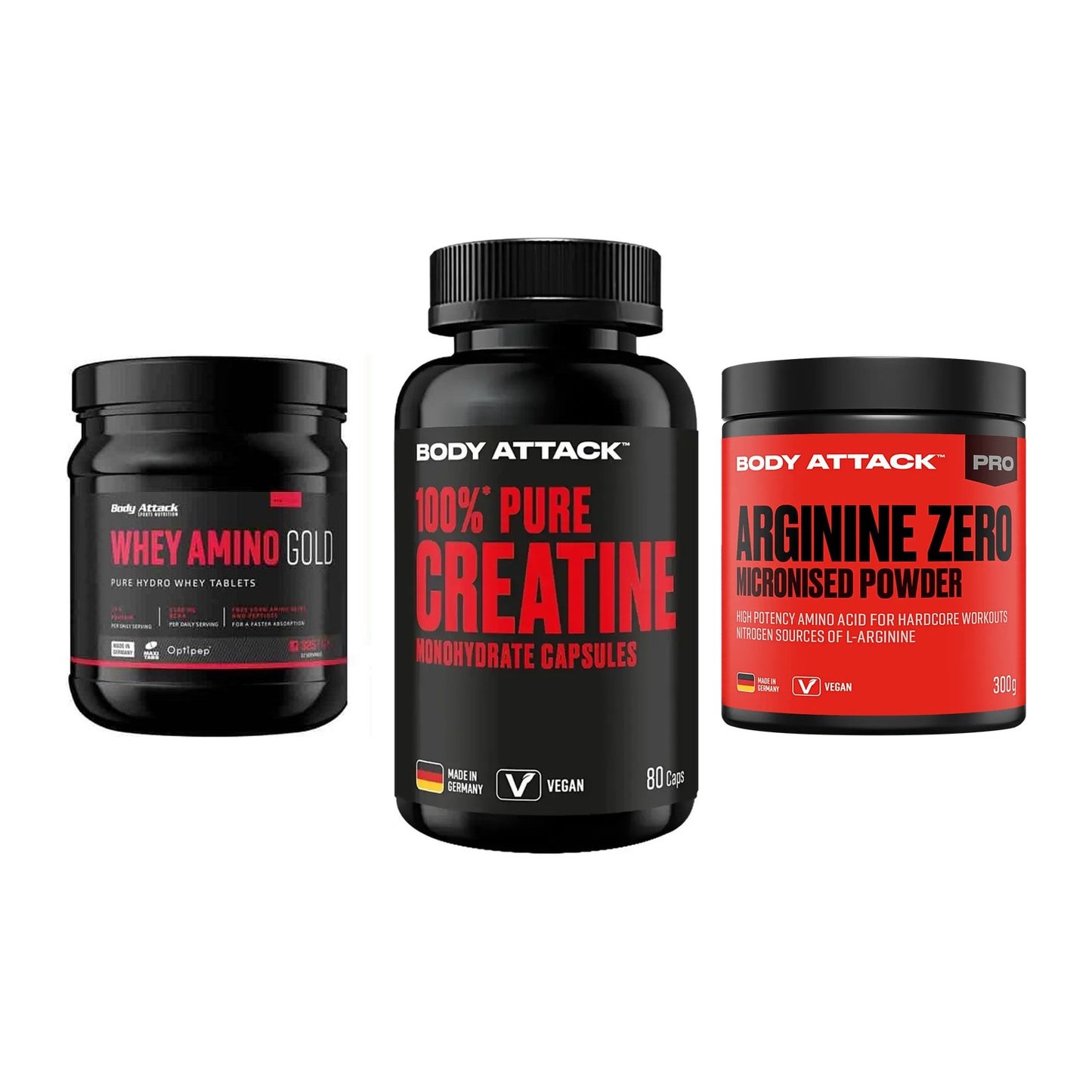 Body Attack Marken-Trio: Attack Whey + Attack 100% + Attack 100 % – alle enthaltenen Artikel