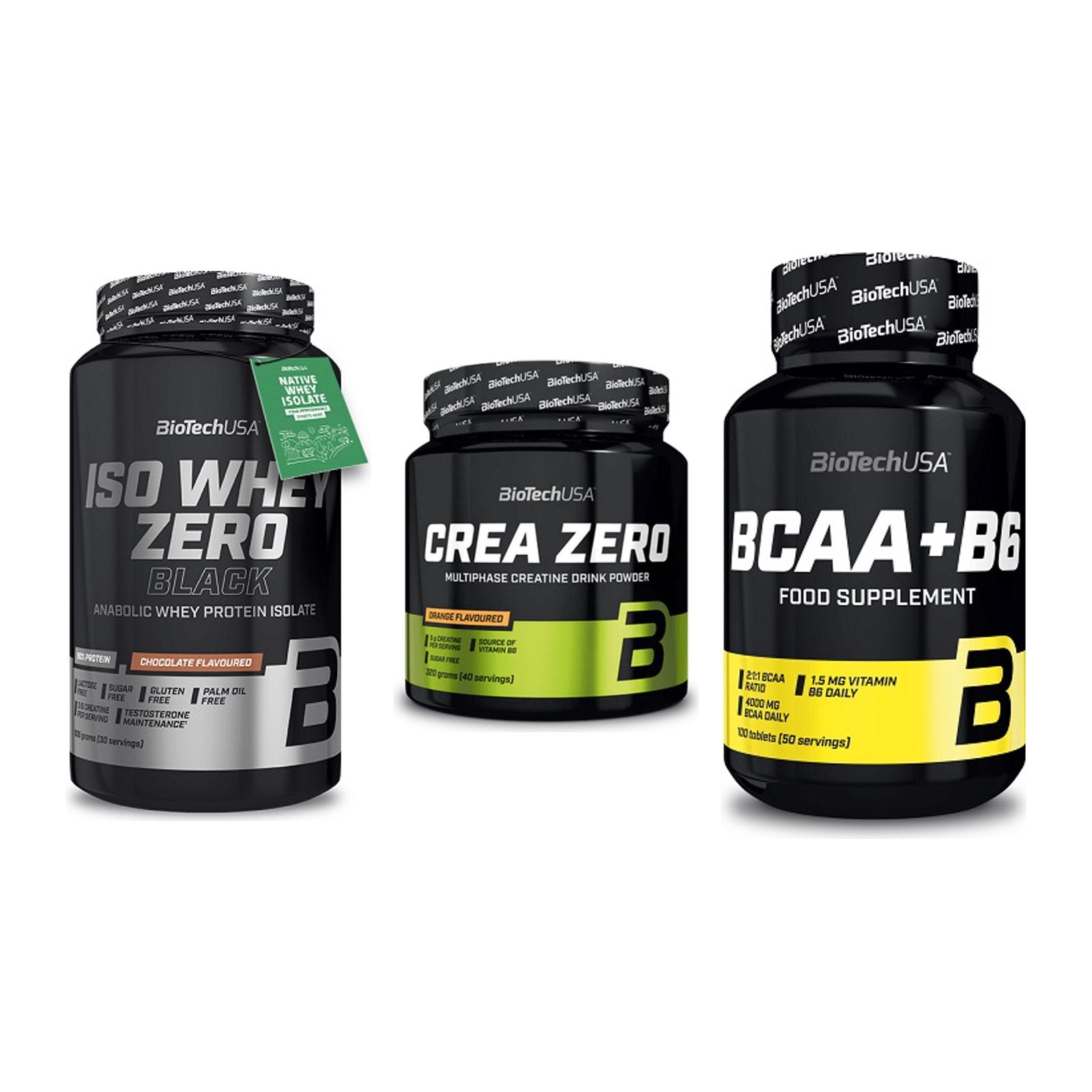 BioTech USA Marken-Trio: Iso Whey Zero + Crea Zero + BCAA+B6 100 – alle enthaltenen Artikel