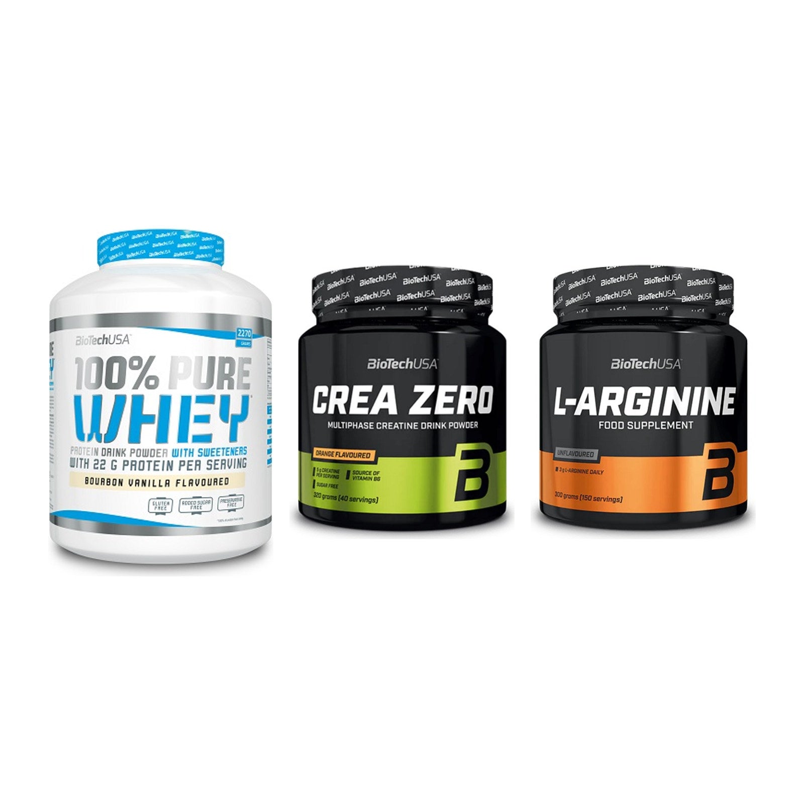 BioTech USA Marken-Trio: 100% Pure Whey + Crea Zero + L-Arginin – alle enthaltenen Artikel