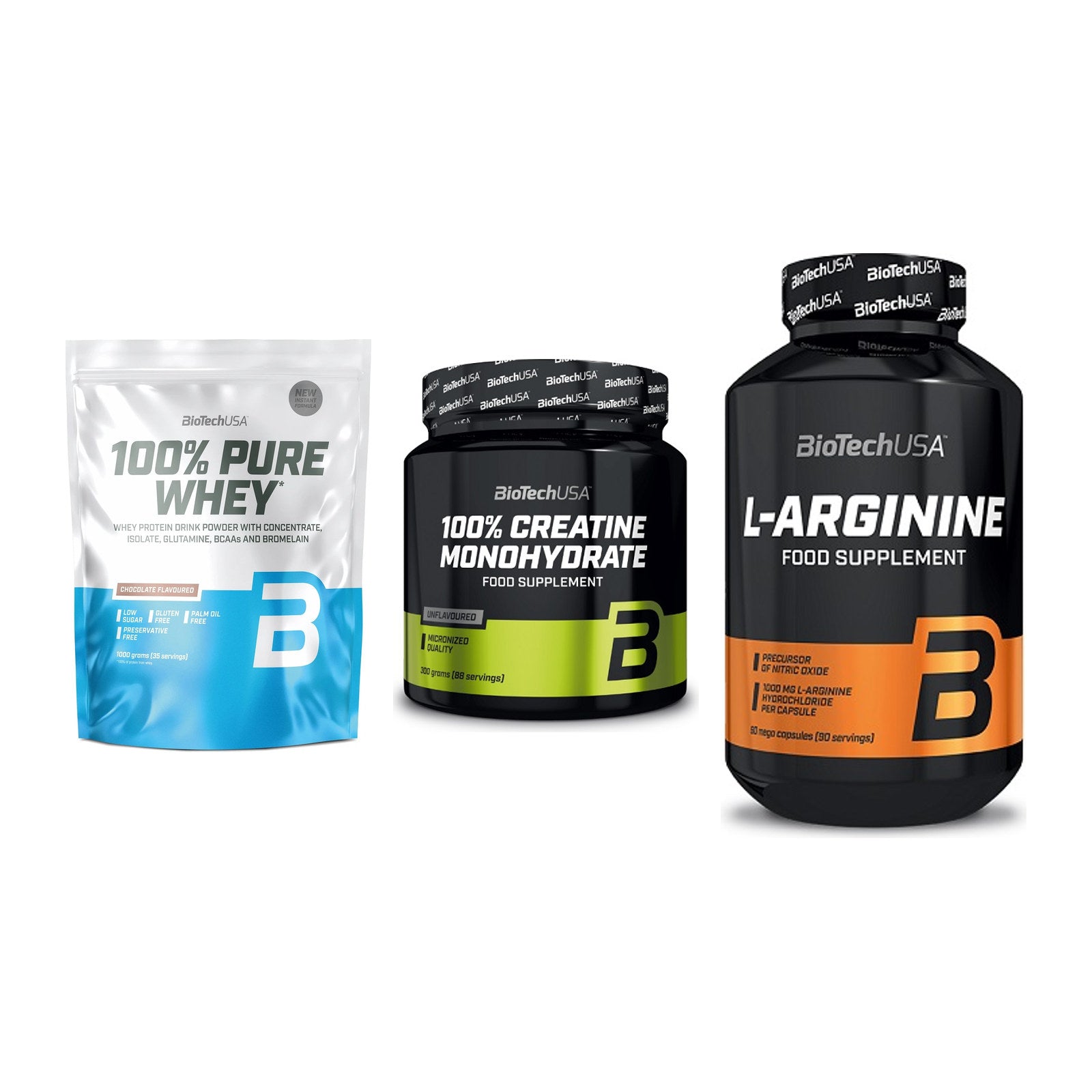 BioTech USA Marken-Trio: 100% Pure + Creatine + L-Arginine – alle enthaltenen Artikel