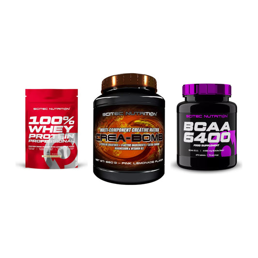 Scitec Nutrition Marken-Trio: 100% Whey + Crea-Bomb + 1 weitere – alle enthaltenen Artikel