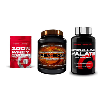 Scitec Nutrition Marken-Trio: 100% Whey + Crea-Bomb + 1 weitere – alle enthaltenen Artikel
