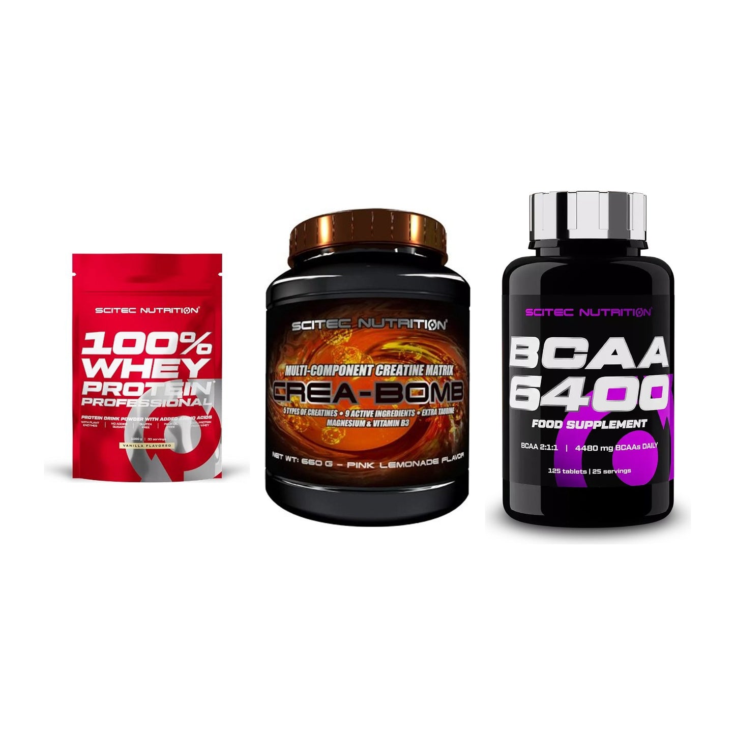 Scitec Nutrition Marken-Trio: 100% Whey + Crea-Bomb + 1 weitere – alle enthaltenen Artikel