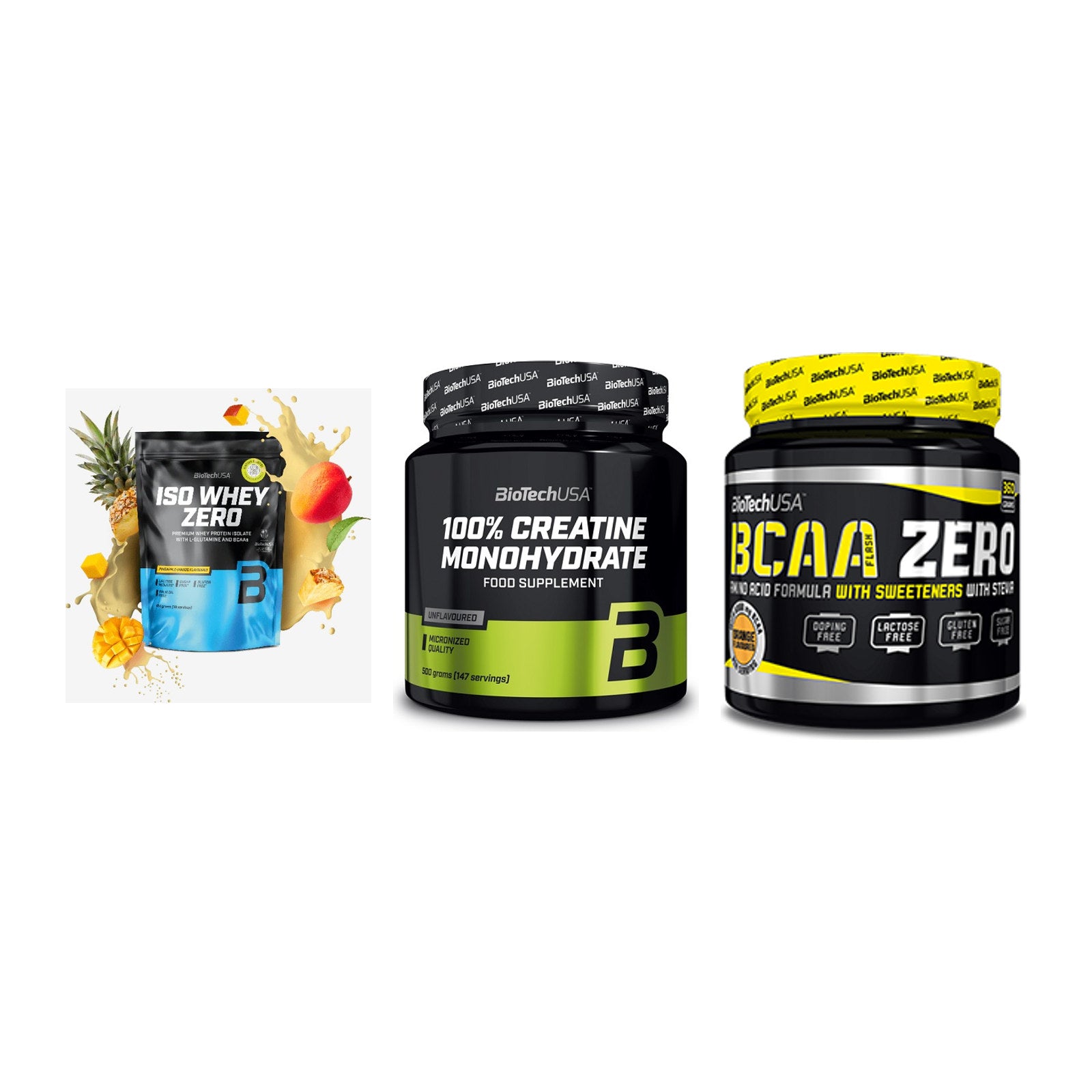 BioTech USA Marken-Trio: Iso Whey Zero + Creatine + BCAA Zero – alle enthaltenen Artikel