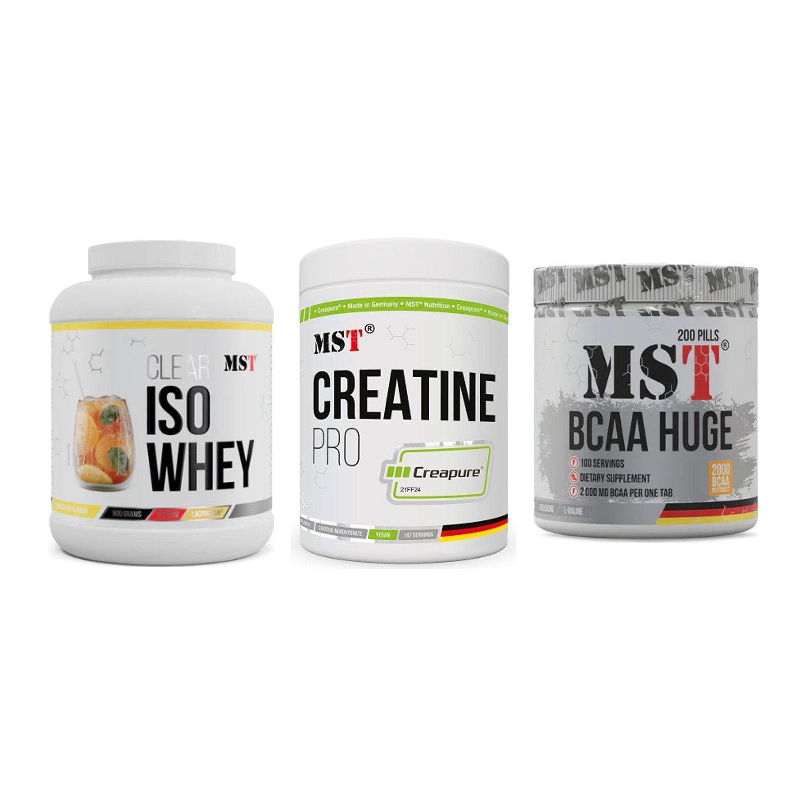 MST Marken-Trio: Iso Clear + Creatin Pro + BCAA Huge 200 – alle enthaltenen Artikel