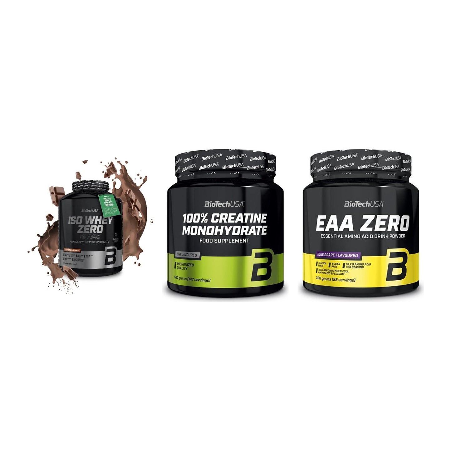BioTech USA Marken-Trio: Iso Whey Zero + Creatine + EAA Zero – alle enthaltenen Artikel