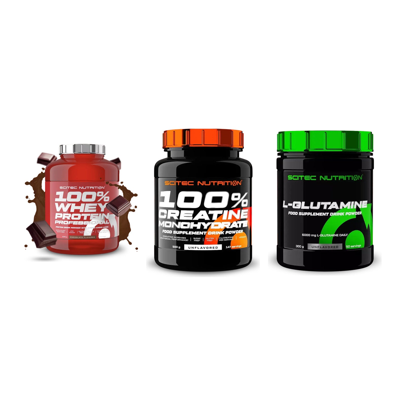 Scitec Nutrition Marken-Trio: 100% Whey + Creatine + 1 weitere – alle enthaltenen Artikel