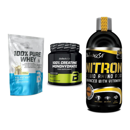 BioTech USA Marken-Trio: 100% Pure + Creatine + Liquid Amino – alle enthaltenen Artikel