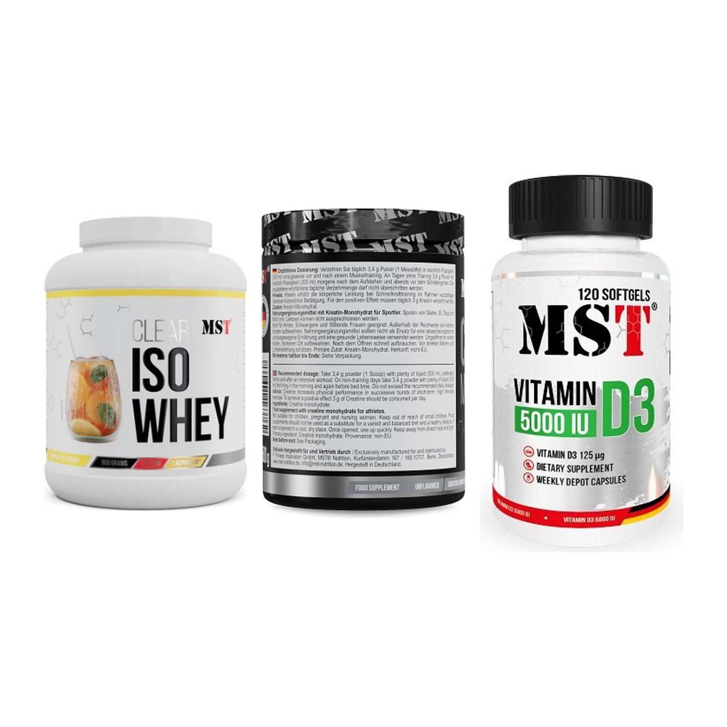 MST Marken-Trio: Iso Clear 900g + Creatin Monohyd + Vitamin D3 – alle enthaltenen Artikel
