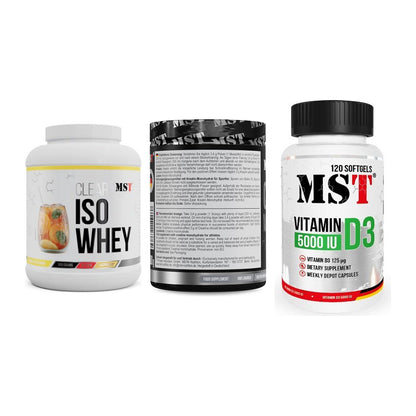 MST Marken-Trio: Iso Clear 900g + Creatin Monohyd + Vitamin D3 – alle enthaltenen Artikel