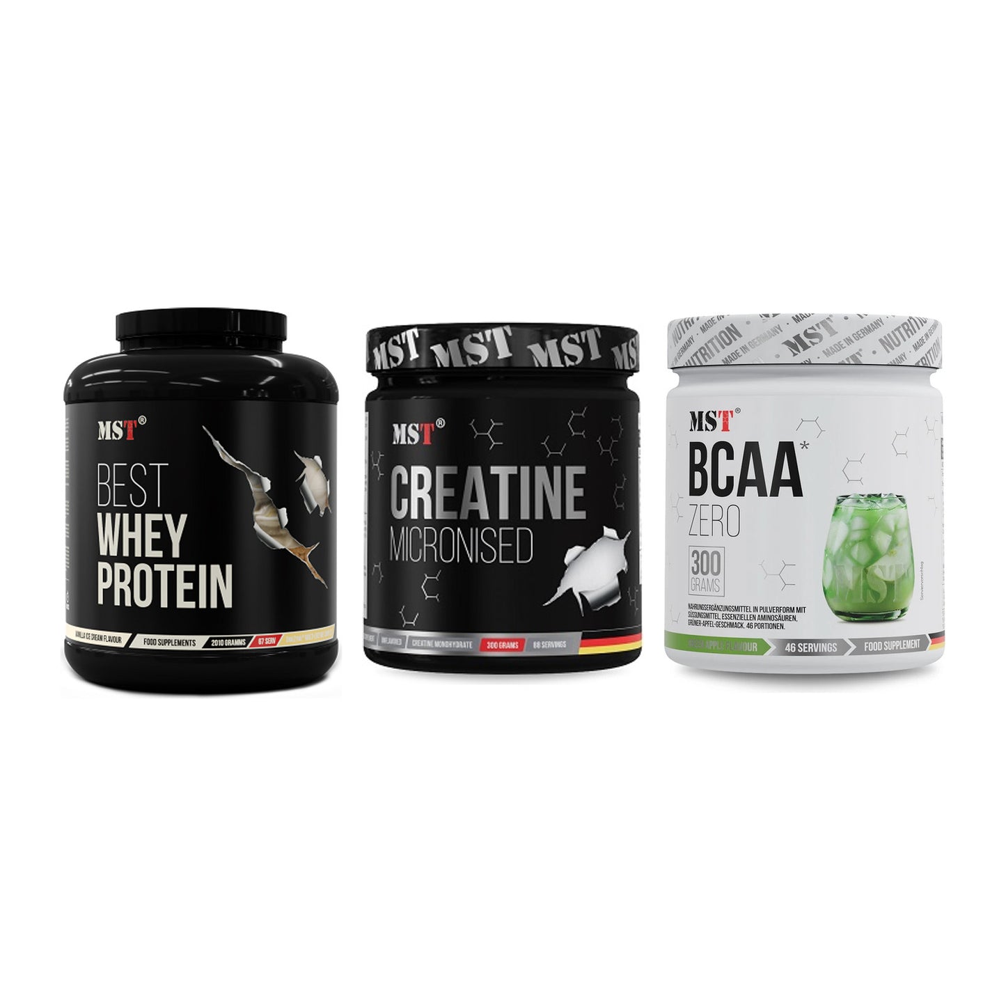 MST Marken-Trio: Best Whey Protein + Creatin Monohydrate + BCAA Zero – alle enthaltenen Artikel