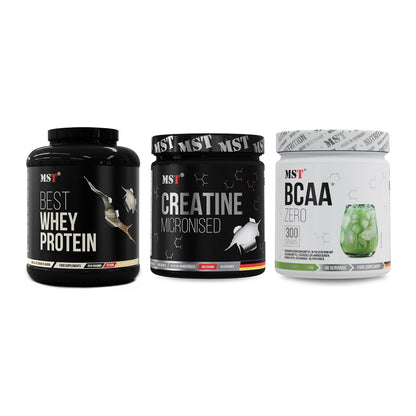 MST Marken-Trio: Best Whey Protein + Creatin Monohydrate + BCAA Zero – alle enthaltenen Artikel