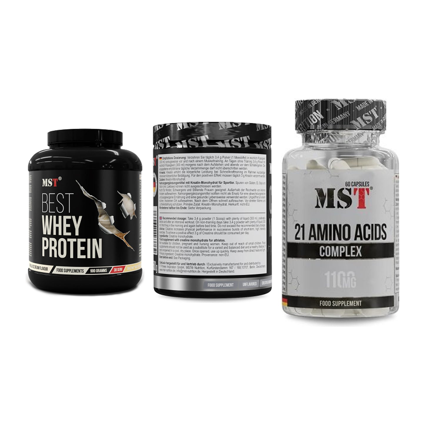 MST Marken-Trio: Best Whey + Creatin Monohyd + 21 Amino Acids – alle enthaltenen Artikel