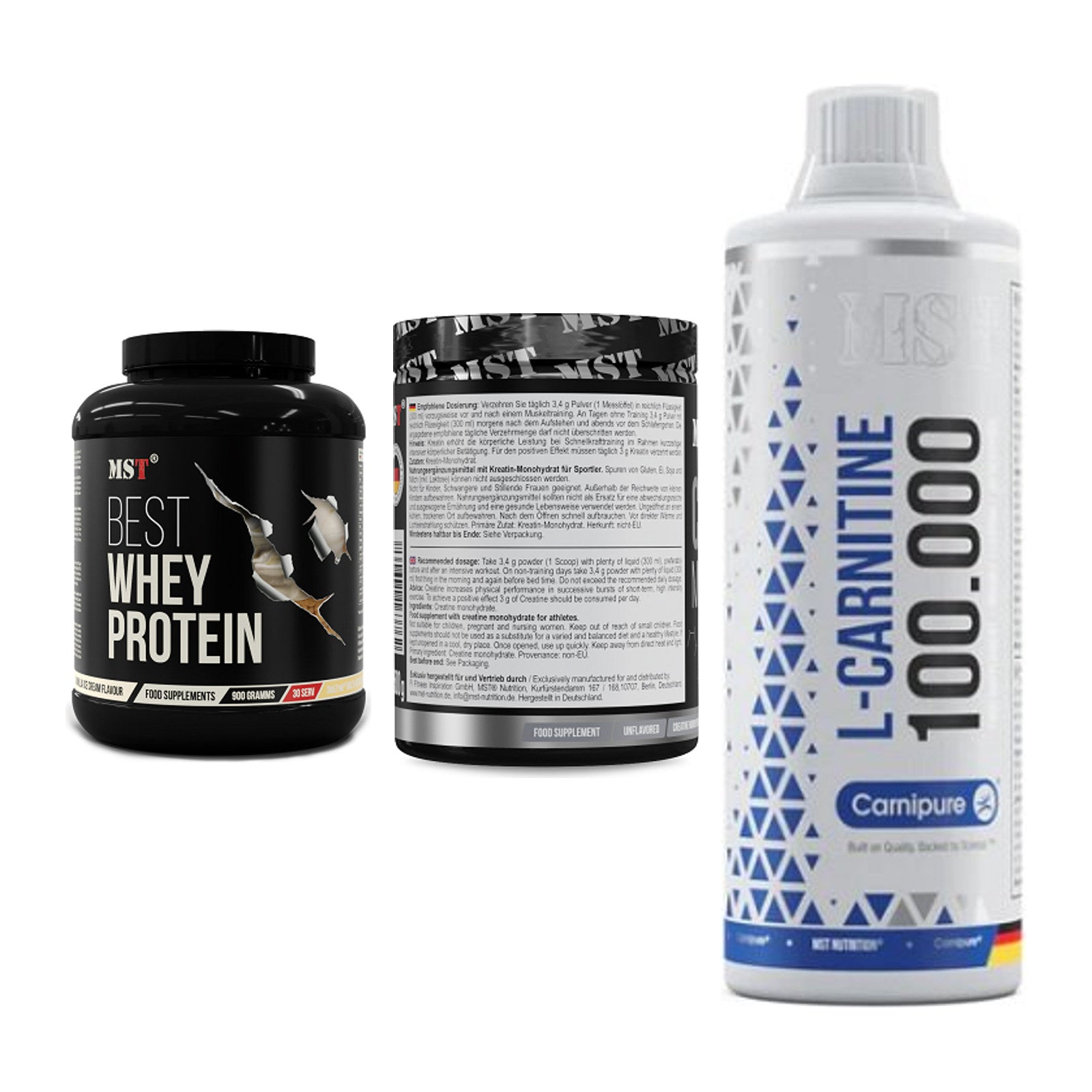 MST Marken-Trio: Best Whey + Creatin Monohyd + L-Carnitine – alle enthaltenen Artikel