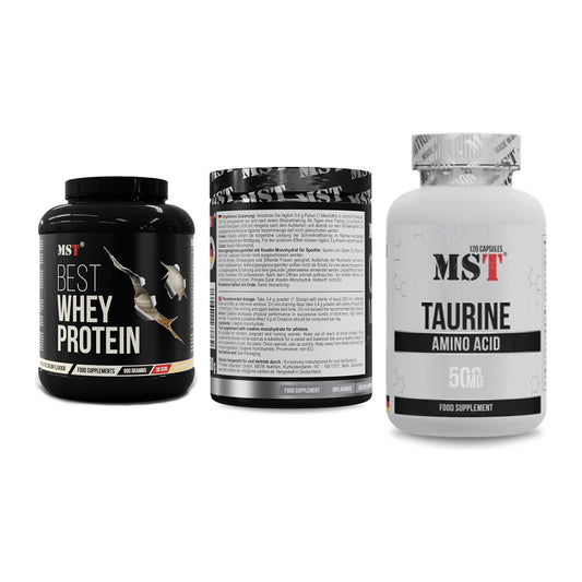MST Marken-Trio: Best Whey Protein + Creatin Monohydrate + Taurine – alle enthaltenen Artikel