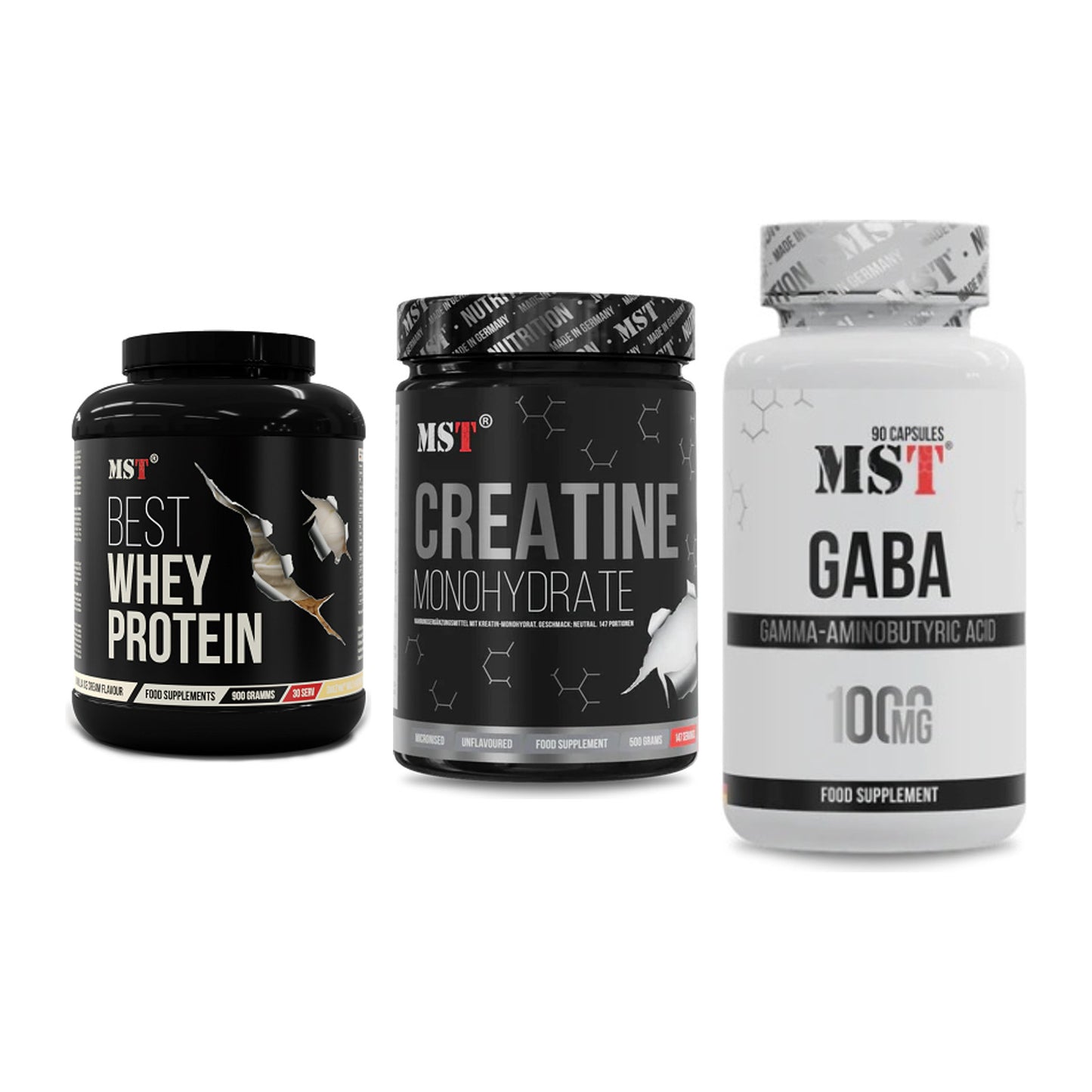 MST Marken-Trio: Best Whey Protein + Creatin Monohydrate + GABA 1000mg – alle enthaltenen Artikel