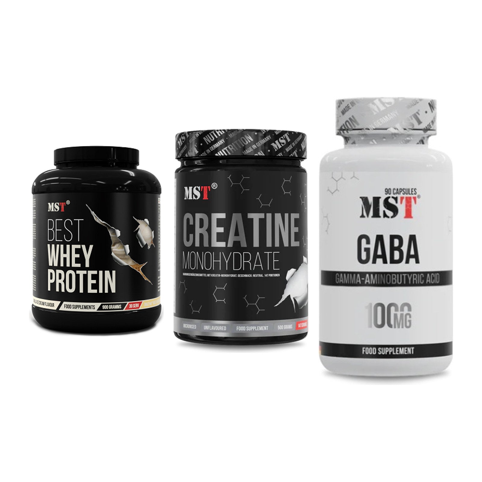 MST Marken-Trio: Best Whey Protein + Creatin Monohydrate + GABA 1000mg – alle enthaltenen Artikel