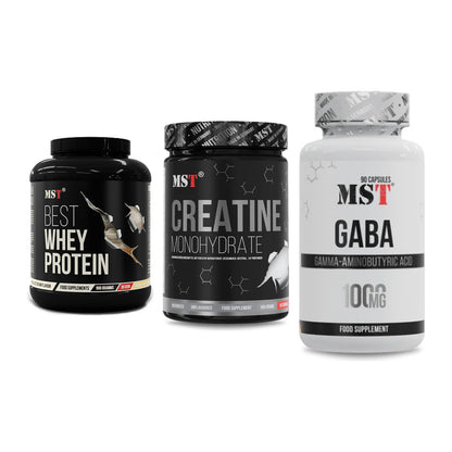 MST Marken-Trio: Best Whey Protein + Creatin Monohydrate + GABA 1000mg – alle enthaltenen Artikel