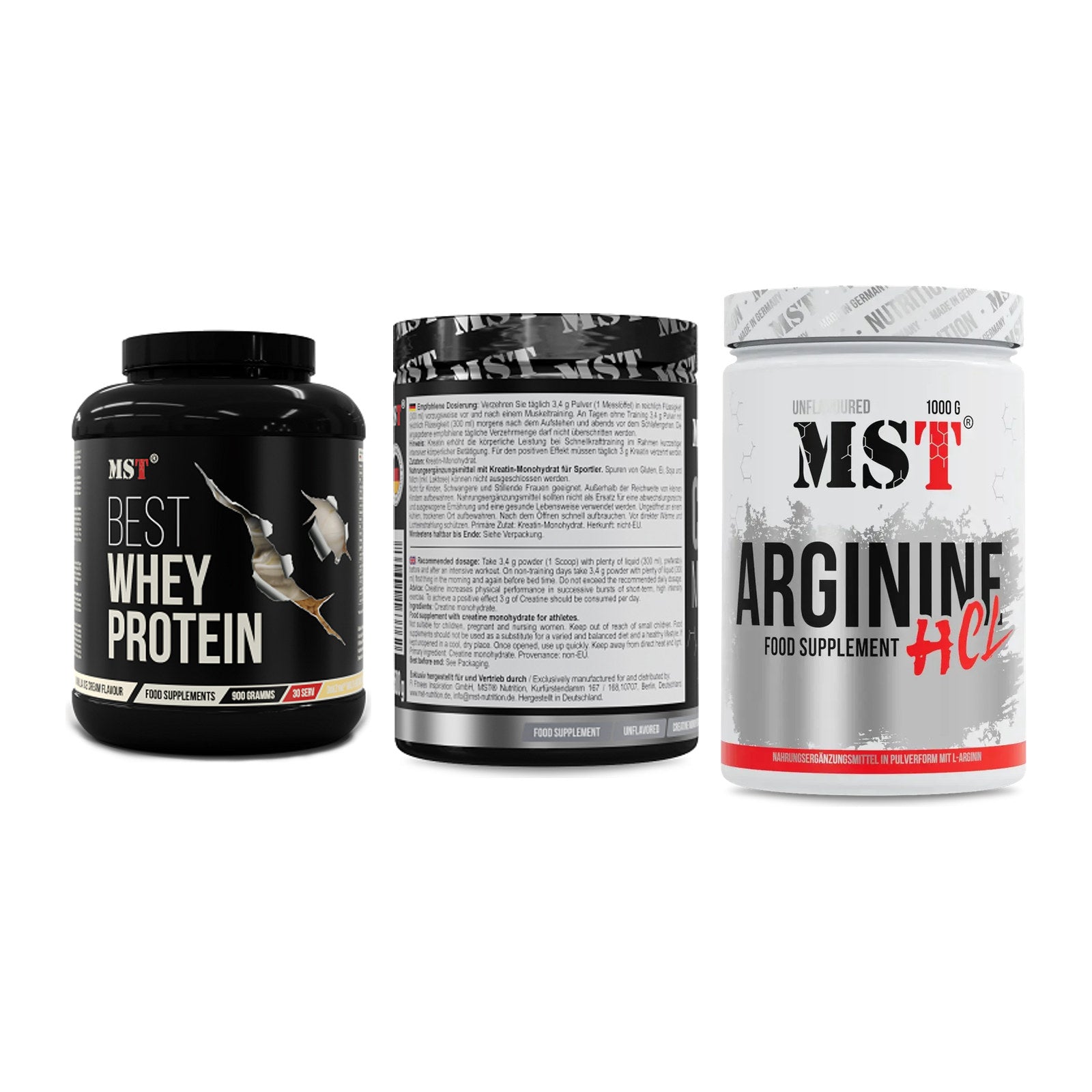 MST Marken-Trio: Best Whey + Creatin Monohyd + Arginine HCL – alle enthaltenen Artikel