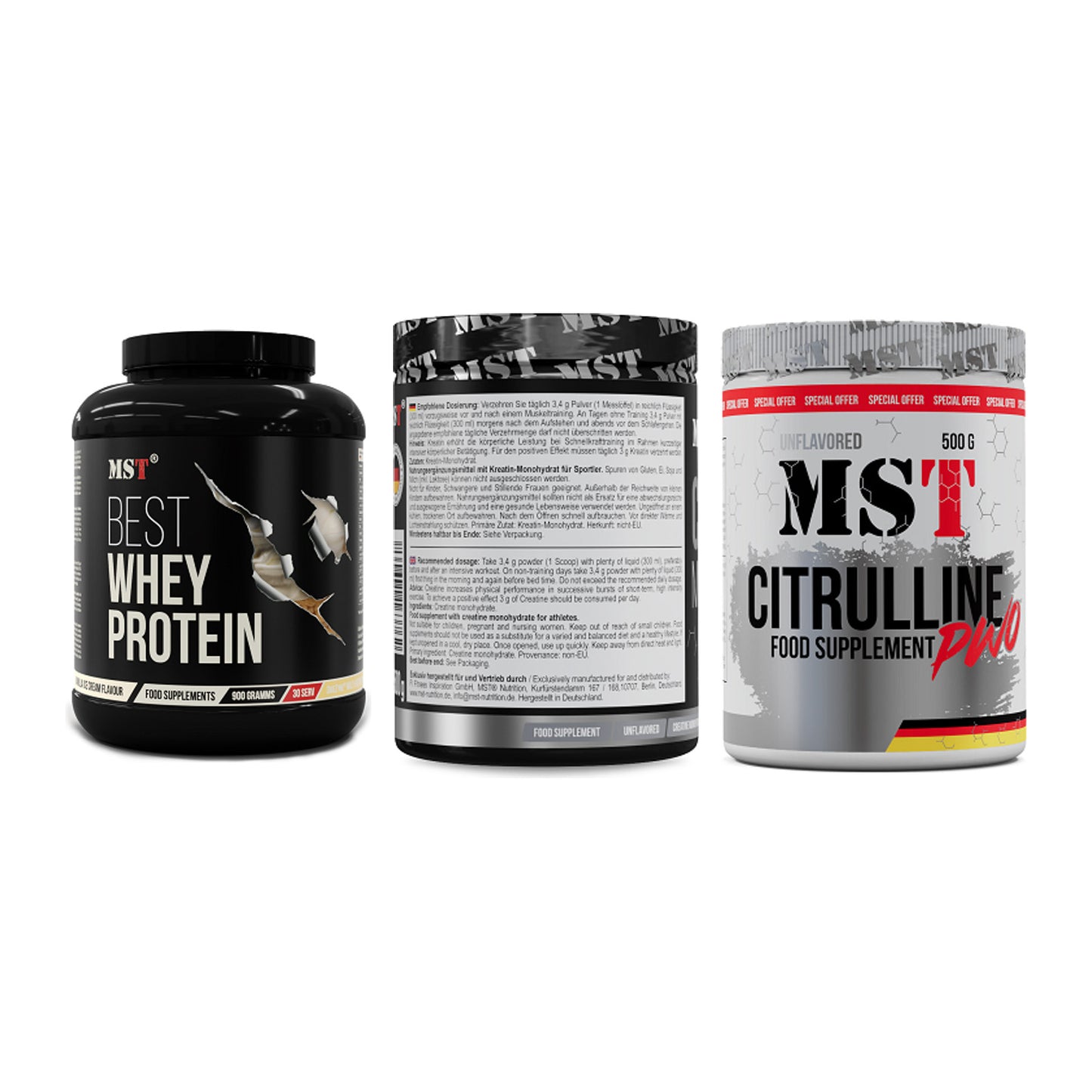 MST Marken-Trio: Best Whey + Creatin Monohyd + Citrulline – alle enthaltenen Artikel