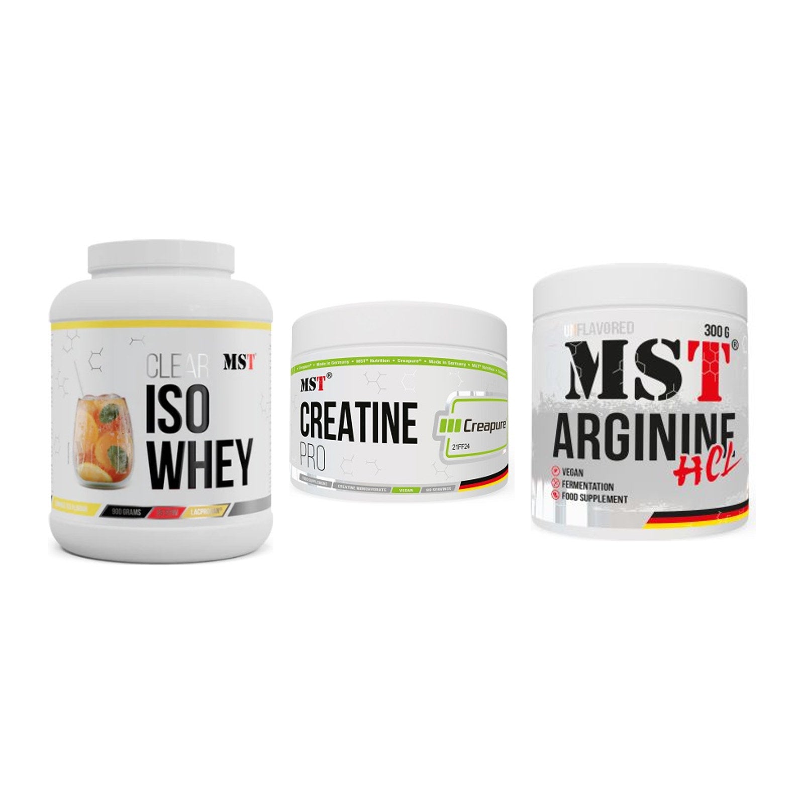 MST Marken-Trio: Iso Clear + Creatin Pro CREAPURE + Arginine HCL – alle enthaltenen Artikel