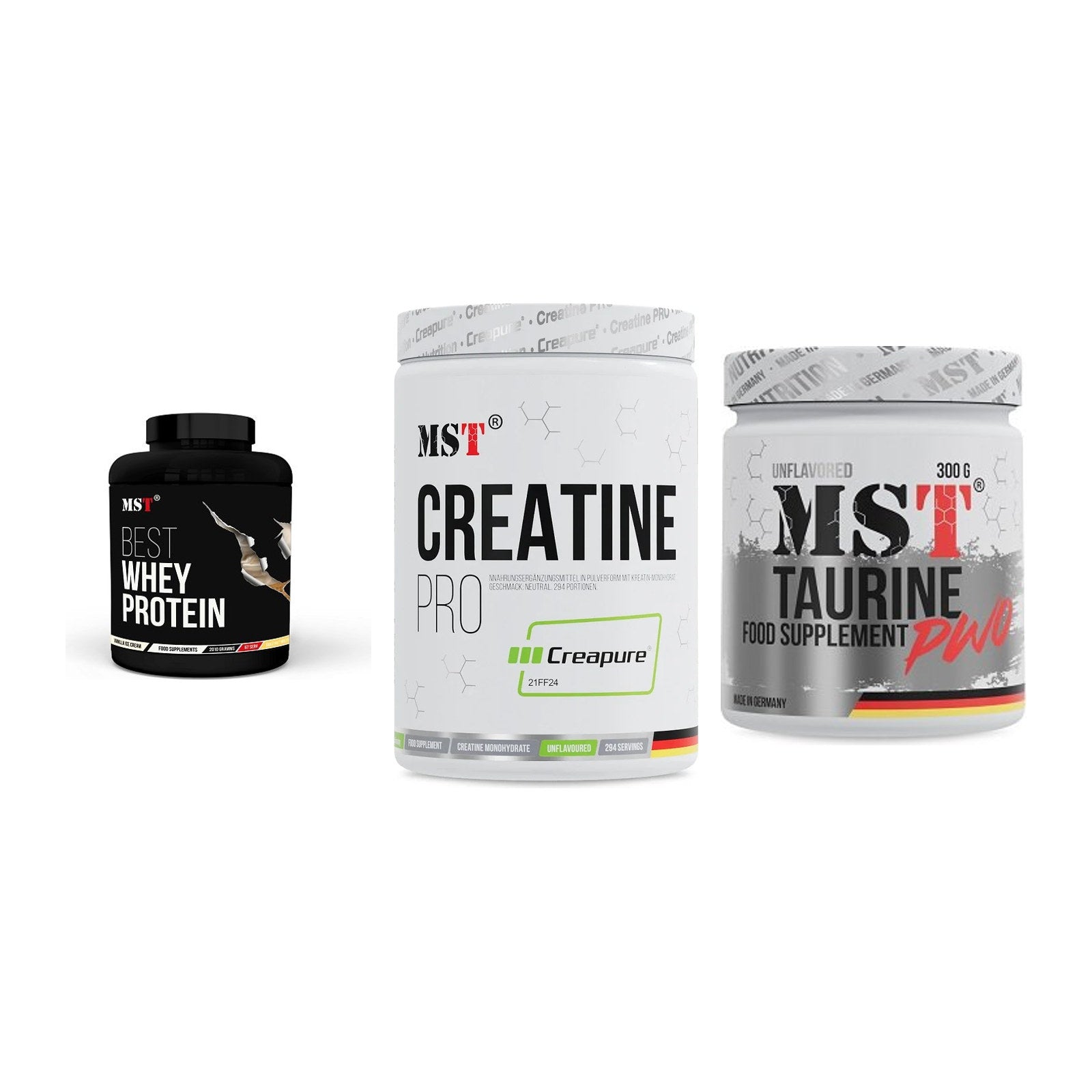 MST Marken-Trio: Best Whey Protein + Creatin Pro CREAPURE + Taurine – alle enthaltenen Artikel