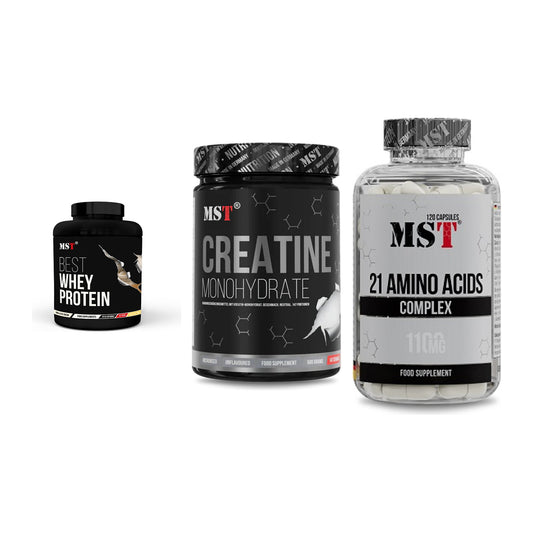 MST Marken-Trio: Best Whey + Creatin Monohyd + 21 Amino Acids – alle enthaltenen Artikel