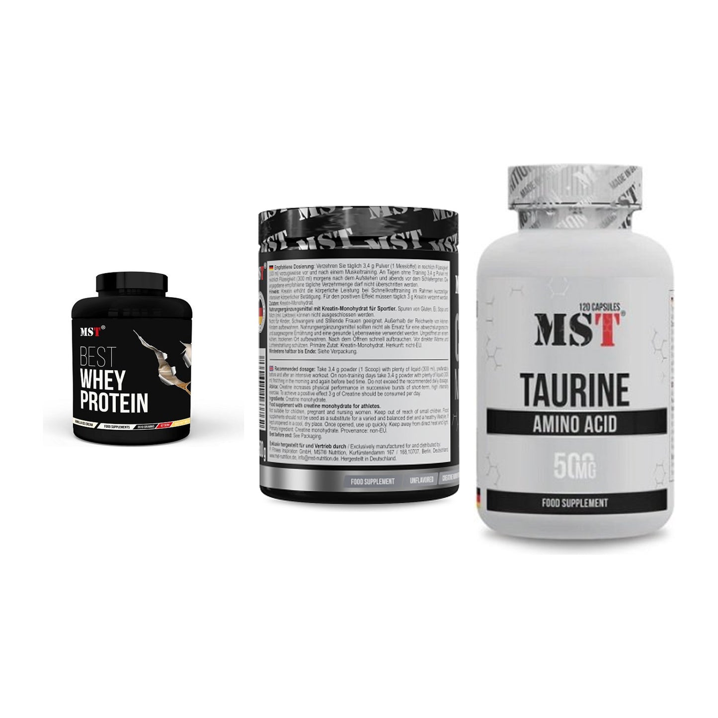 MST Marken-Trio: Best Whey Protein + Creatin Monohydrate + Taurine – alle enthaltenen Artikel