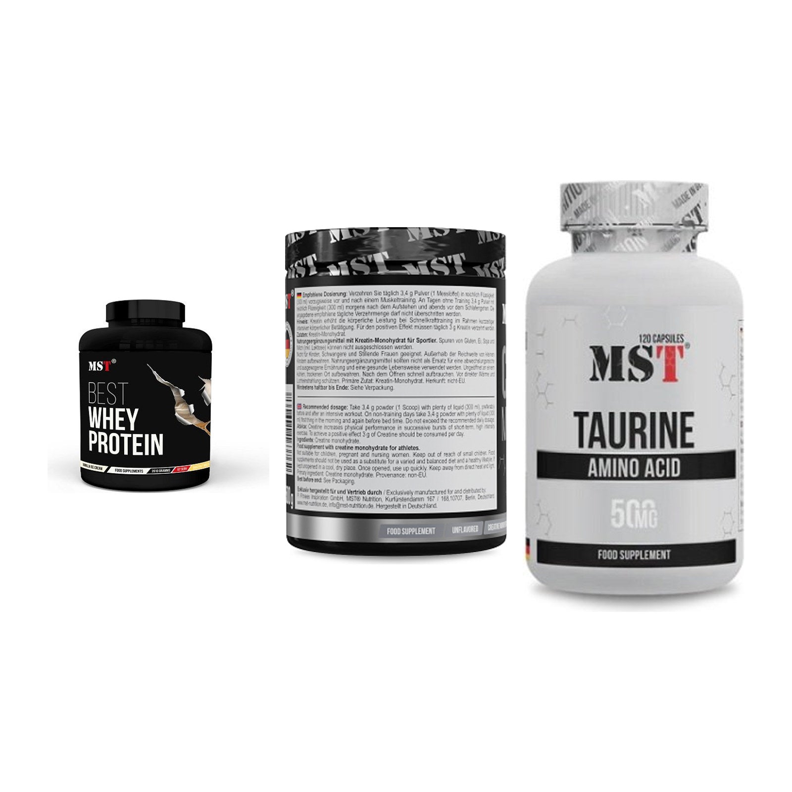 MST Marken-Trio: Best Whey Protein + Creatin Monohydrate + Taurine – alle enthaltenen Artikel