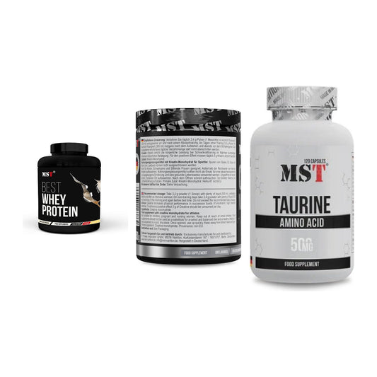 MST Marken-Trio: Best Whey Protein + Creatin Monohydrate + Taurine – alle enthaltenen Artikel